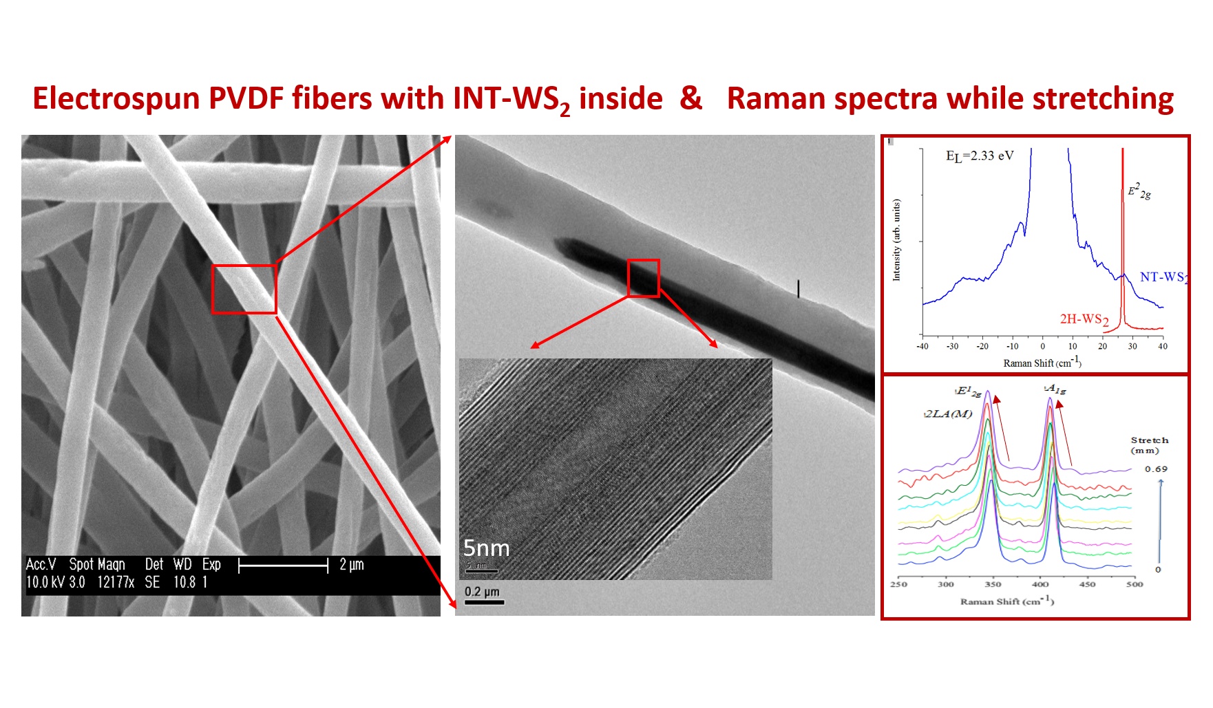 Raman scattering from single WS2 nanotubes in stretched PVDF electro spun fibers