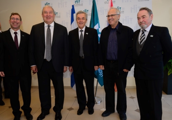 from left to right: Mr. Goldberg - Chief Executive Officer, Dr. Sarkissian - President of Armenia, Prof. Yakubov, President of HIT, Prof. Adir - Chairman of the Executive Committee, Prof. Shoikhet - Vice President for Academic Affairs 